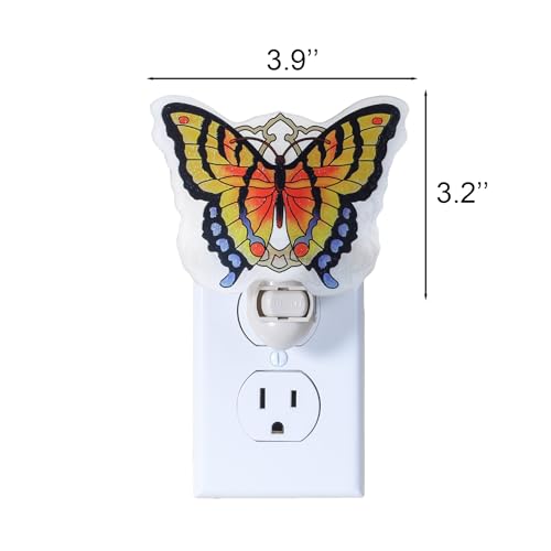 Image of Butterfly Night Light Plug into Wall - Made with Real Glass, Stained Glass Styled Nightlight for Hallway, Nursery, Bedroom, Bathroom, Kitchen, Stairway - Nature Inspired Accent Home Decor-Red Orange