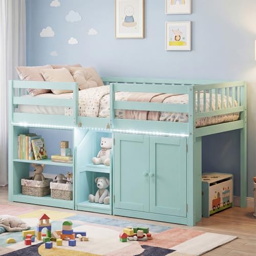 Giantex Low Loft Bed Twin Size with LED Lights, Wooden Bed Frame w/Stairs, Safety Guardrails, Storage Cabinet, Bookshelf & Under-Bed Play Space, Modern Kids Loft Bed for Boys Girls (Mint Green)