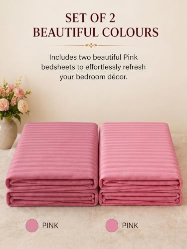 Image of Mafatlal 210 TC Italian Stripe Single Bedsheet Set with Pillow Cover (60 x 90 Inches) | 100% Cotton | Hotel Collection | Soft Breathable Flat Bed Sheet | Blush Pink