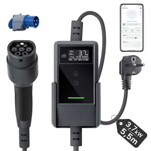 dé Chargeur Voiture Electrique APP 3,7kW [5,5m, 6-16A] Cable Recharge Voiture Electrique avec Support Mural, Chargeur Type 2 Numérique LCD, Compatible avec E-208, Model Y, E-Tech et Autres EV/PHEV