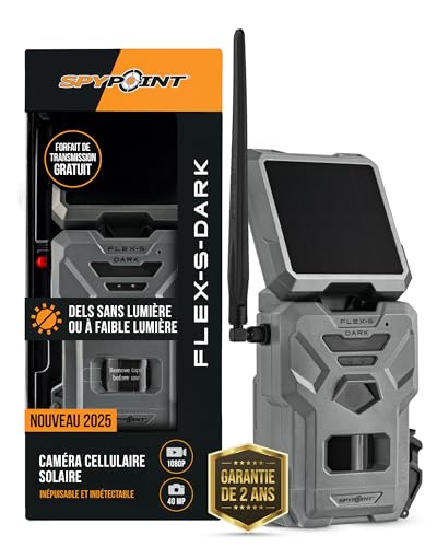 SPYPOINT Flex-S-Dark Caméra de Chasse cellulaire Solaire, Panneau Solaire intégré, Photos 40MP, vidéos 1080p avec Son, caméra sans Lueur Infrarouge, Vision Nocturne, détection de Mouvement