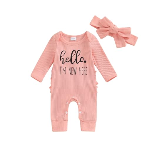 Image of ZAXARRA Newborn Baby Girl Coming Home Outfit Solid Color Ruffle Long Sleeve Footies Romper Infant Fall Bow Headband Clothes