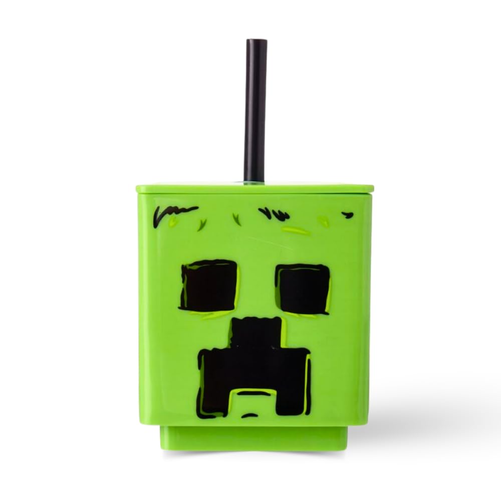 HOX Minecraft Square Soda Cup – 10 x 8.6 cm / 450 ml | BPA-Free Food-Safe Gamer Gift Mug for Boys | Wide Mouth with Removable Straw |Easy to Carry for Picnic & Travel, Green