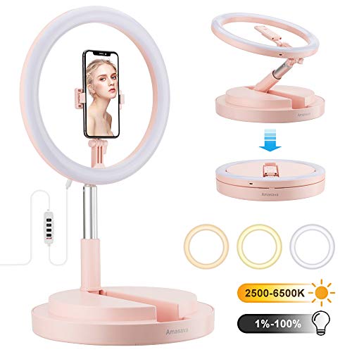 AMASAVA Anillo de luz con soporte plegable y extensible hasta 66 pulgadas para YouTube TikTok Facebook Instagram Video Live Streaming Fotografía