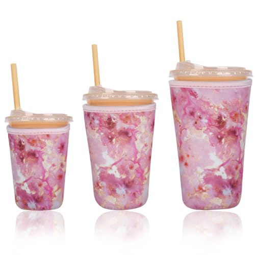 Image of Reusable Insulated Sleeve for Iced Coffee Cup, 3-Pack Coffee Neoprene Drink Sleeve for Cold & Hot Drinks, Beverage Holder for Iced Coffee (Rosy Marble)