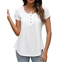 Tuopuda T-Shirt Col en V à Manches Courtes Tee Shirt Femme Été avec Bouton Classique Haut Décontracté Basique Top Coton Blouse Tunique Coupe Ample Élégant Confortable, Blanc, M