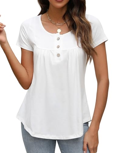 Tuopuda Camisetas Manga Corta Mujer Blusas Verano Cuello en V Elegantes Camisa Básica Tops Casual Camiseta Shirt tee Blusa, Blanco, XL