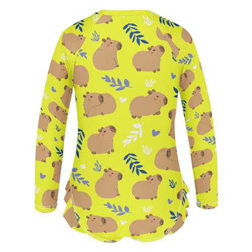 Yellow Cute Capybara Girls Long Sleeve Swimsuit Rash Guard One Piece Bathing Suits Zipper 3-12T3