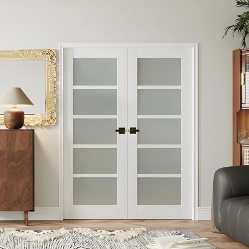 Image of 28 inch x 80 inch Interior Door, 5-Lite Frosted Glass Pantry Door with Black Door Lever, Single Slab Door Panel for Closet & Bedroom, Classic Style as Prehung, Pocket, Bifold, Barn Doors