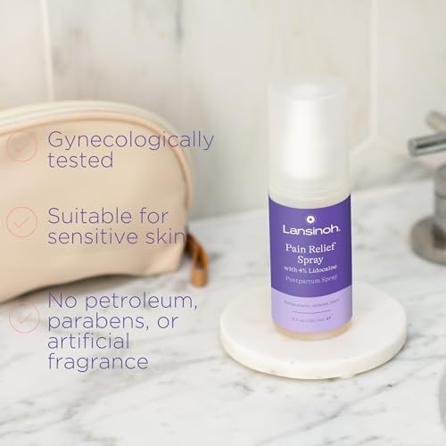 Image of Lansinoh 4% Lidocaine Perineal Spray, Pain Relief, Postpartum Care, 3.5 Oz + Hot & Cold Pads, Postpartum Essentials, 2 Ct Postpartum Pads + Upside Down Peri Bottle for Gentle Cleansing, 12.2 Oz Bottle