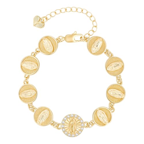 Women's Gold Virgin Mary Bracelet - 14K Gold Plated Catholic Bracelets,Non Tarnish Adjustable Golden Religious Virgen De Guadalupe Jewelry, Catholic Baptism Confirmation First Communion Gifts for Her