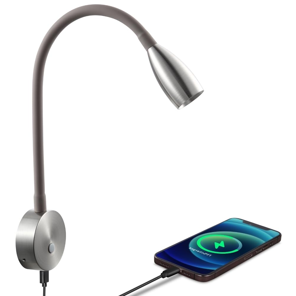 acegoo Leselampe 12V LED Dimmbar Bett Lampe, Flexible Wandmontage Schwanenhals Nachttisch 24V 3200K Eingebauter Dimmer & Typ C Schnellladegerät, für Boot Wohnmobil Auto Camper Van Yacht (Silber)