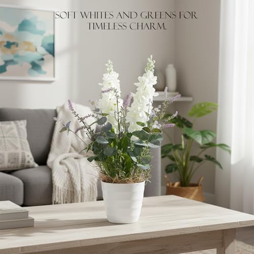 Image of KARP Artificial Potted Plants, 62Cm Height Faux Delphinium Flower Plant with White Pot Home Decor, Indoor Artificial Ornamental Plants for Living Room, Office Desk & Bathroom, Decorative