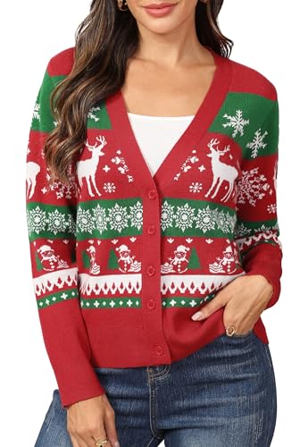 PrinStory Ugly Christmas Cardigan for Women Red Base Reindeer Snowflake Pattern V-Neck Button Front Holiday Atmosphere Warm Top M