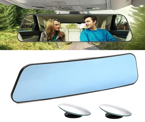 Image of Kitbest Rear View Mirror, Universal Clip On Wide Angle Anti Glare Blue Tint Car Mirror (Bonus 2 PCS Blind Spot Mirrors)