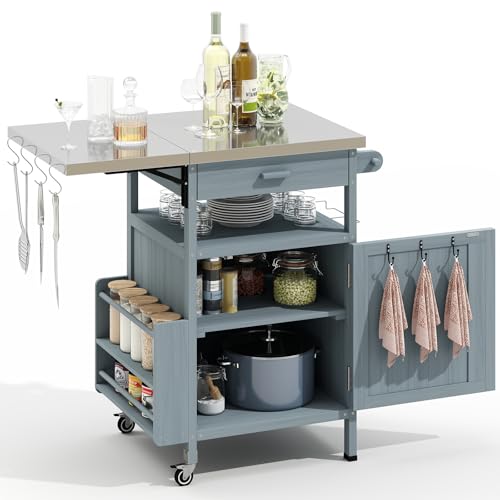 Zevemomo Outdoor Grill Cart with Drop Leaf, Stainless Steel Tabletop Outdoor Kitchen Island, Solid Wood Outdoor Buffet Cabinet with Drawer, Towel Rack, Lockable Wheels for Grilling, Gray-Blue by Zevemomo - Used condition - US$137.20