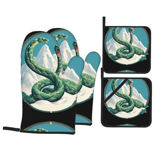 YYHWHJDE Juego de 4 manoplas de horno y soportes para ollas con patrón de serpiente gigante que protege la montaña, gruesos y duraderos, antiquemaduras y aíslan el calor