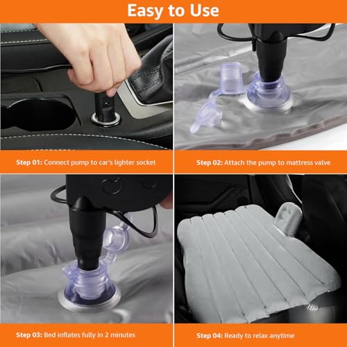 Image of Car Inflatable Bed for Back Seat, Portable SUV Air Mattress with Electric Pump, Thick Flocked Surface, Travel Sleeping Mattress for Camping, Road Trips, Outdoor Adventures (Grey)