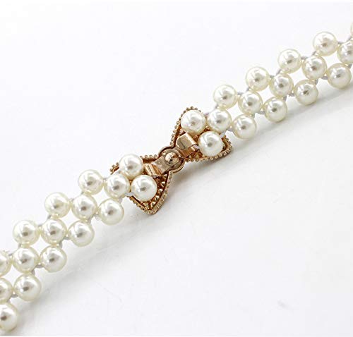 Women Elastic Stretch Belt for Dresses Pearl Rhinestone Metal Buckle Skinny Waist Belt Waistband 2cm Wide3