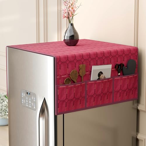Kuber Industries Velvet Top Fridge Protective Cover with Extra Storage Space | Anti-Dust Refrigerator Desktop Sundries with Utility Pockets| Maroon
