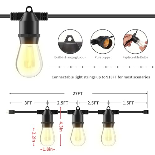 Meticply 27FT LED Outdoor String Lights, IP65 Waterproof, S14 Shatterproof Outside String Lights (Maximum 918FT) Edison Vintage Bulbs Patio, Balcony, Deck, Garden Lights — view 5
