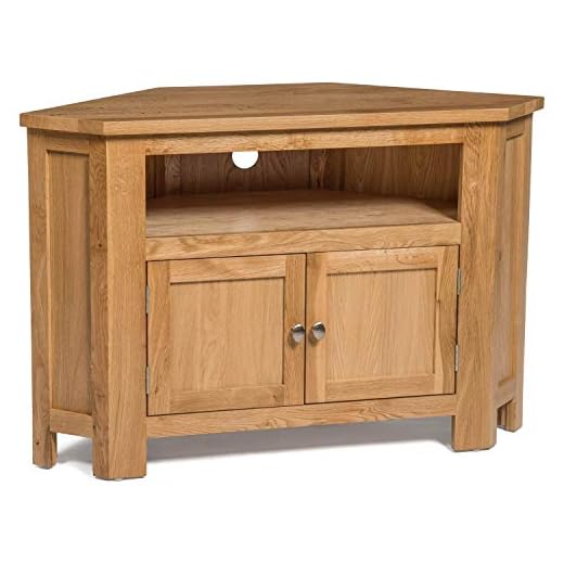 Hallowood Furniture Waverly Oak Corner TV Unit with Cable Hole & Storage Cupboard, 2-Door Solid Wooden Light Oak TV Stand Cabinet with Adjustable Shelf, Corner Unit for Living Room or Bedroom