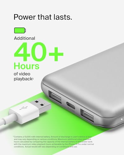 Image of Belkin Portable Charger, USB-C Power Bank 10000 mAh w / 1xUSB-C Port & 2xUSB-A Ports, 15W w /Type-C to Type-A Cable for iPhone 17, Samsung Galaxy S25, Nintendo Switch 2, Google Pixel 10, etc. - Silver