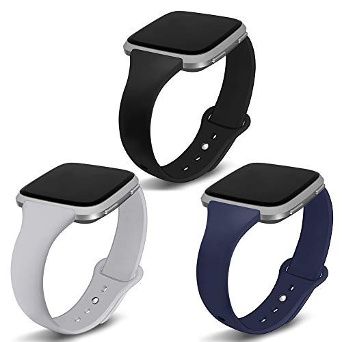 Kmasic Compatible Versa Bands 3 Pack, Narrow Slim Soft Silicone Small Replacement Wristband for Versa/Versa Lite Edition Women Men, Gray/Black/Navy, Small