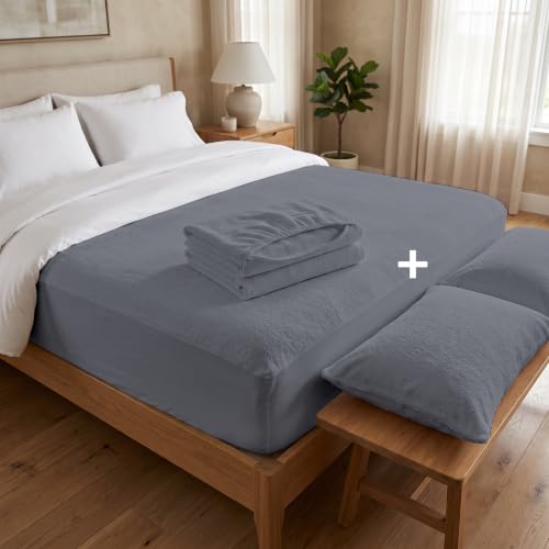 Image of AYKA Combo Pack Waterproof Mattress Protector & 2 Pillow Protectors | King Size 78x72 Inch | 100% Waterproof Terry Bed Protector | Breathable, Noiseless Mattress & Pillow Covers | 6.5 x 6 ft | Grey