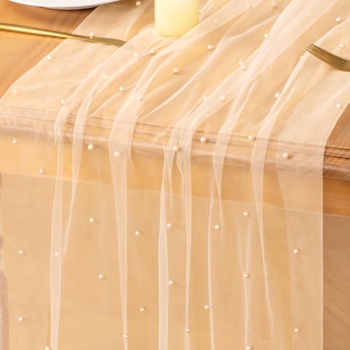 Image of MLMC Champagne Pearl Table Runner Boho Rustic Tulle Table Runner with Pearls 10ft 29 inchx120 inch Cheesecloth Table Decor for Wedding Bridal Shower Anniversary Home Decoration
