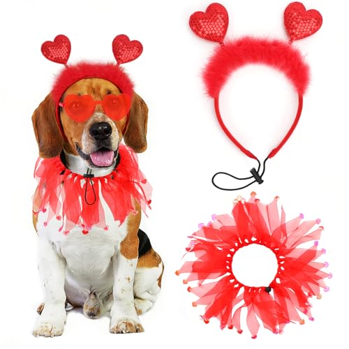 BWOGUE Valentine's Day Dog Costume Red Love Hearts Dog Headband with Collar Holiday Birthday Party Headwear Costume Gift for Small Medium Dogs
