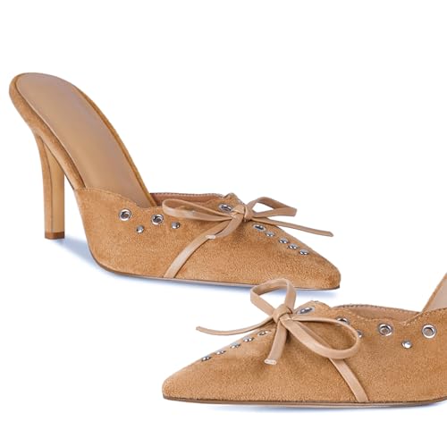 Image of DOEYG Women Pointed Toe Bow Heels Mules Slip on Stiletto Heels Sandals Dress Party Wedding Studded Heels Pumps
