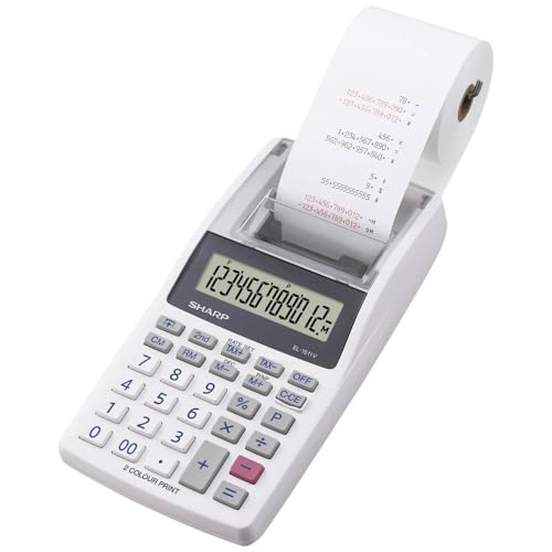 Sharp Druckender Mini-Tischrechner EL-1611V (großes 12-stelliges LCD Display schwarz rote Druckfarben) Weiß