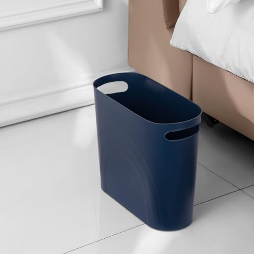 Image of rejomiik Small Trash Can, 3.5 Gallon Slim Garbage Can Plastic Waste Basket with Handles Container Bin for Narrow Spaces Bathroom, Bedroom, Kitchen, Office at Home, 2 Pack Navy