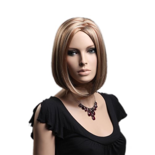 GOOACTION Brown with Blonde Wigs Sexy Short Natural Straight Centre-parted Wig Heat Resistant Synthetic Hair Wigs For Women Ladies