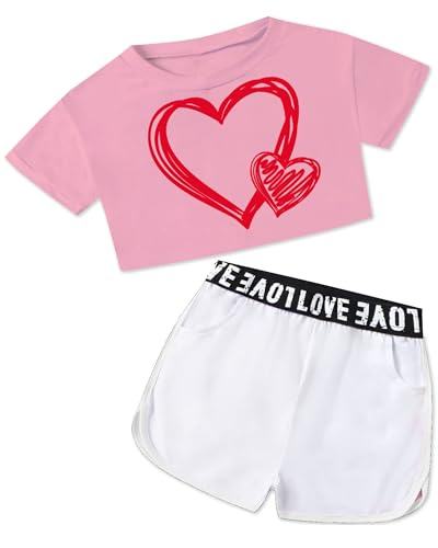 Image of Betusline Girls Summer 2 Piece Outfits,Kids Short Sleeve Crop Top & Shorts Set with Side Pockets