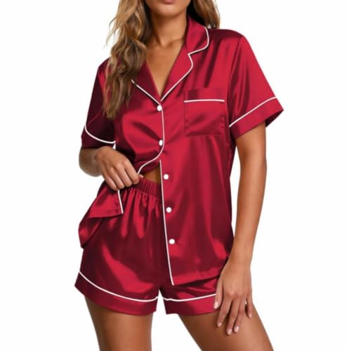 Image of Ekouaer Pajamas for Women Set Silk Satin Pjs Button Down Sleepwear Summer Loungewear Top and Shorts Lounge Set S-XXL