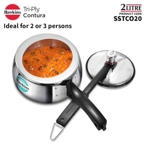 Image of Hawkins 2 Litre Triply Stainless Steel Contura Pressure Cooker | Induction Compatible | Ideal for 2-3 persons | 5 Year Guarantee | ISI Certified | Silver (SSTCO20)