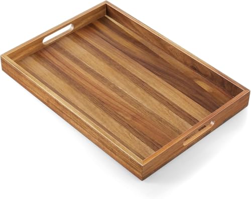 Image of Wooden Serving Tray for Home and Kitchen | Acacia Wood Large Rectangular Tray with Handles for Resturant, Cafe, Breakfast, Multipurpose Organzier | (Food Safe Oil Finish) (Aurace)