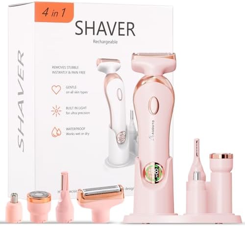 Electric Shaver for Legs Pubic Body Hair, 4 in 1 Bikini Trimmer for Women, Replaceable Lady Facial Nose Razor, IPX7 Waterproof Rechargeable Women's Grooming Kit