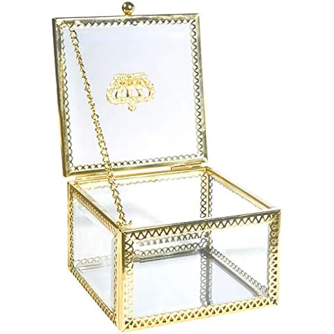 Home Details Glass Keepsake Box | Vintage Lace Crown Design | Jewelry Organizer | Mirrored Bottom | Decorative Accent | Vanity | Table Décor | Wedding Bridal Gift | Jars & Boxes | Gold Cover
