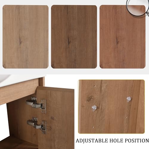 Image of 30 inch Freestanding Bathroom Vanity with Integrated Ceramic Sink, Floor Mount Bathroom Cabinet with 3 Open Shelves & Soft Close Door, Modern Small Bath Vanity Set, Easy to Clean, Natural Oak