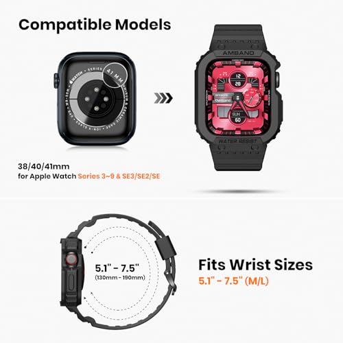 Image of amBand Compatible for Apple Watch Band 41mm 40mm 38mm with Bumper Case, Rugged Men Women Bands for iWatch SE 3 SE2nd SE Series 9 8 7 6 5 4 3 2, Sport Military Protective Cases Drop-Proof, Matte Black