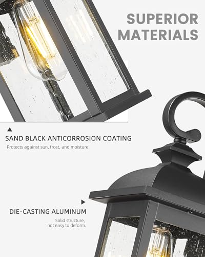 Image of FEMILA Exterior Wall Sconce, 2 Packs Outdoor Waterproof Wall Lights Fixture, E26 Socket Wall Lantern for Porch, Anti-Rust Matte Black Finish with Seeded Glass Lampshade, 4FD54B-2PK BK