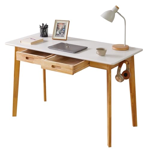 Aibiju Computer Desk with 2 Drawers, 47" Solid Wood Home Office Writing Desk, Compact Simple Tables with Hook for PC, Laptop, Students, Study, Makeup, Bedroom White + Natural Wood Legs YD-WD03WN