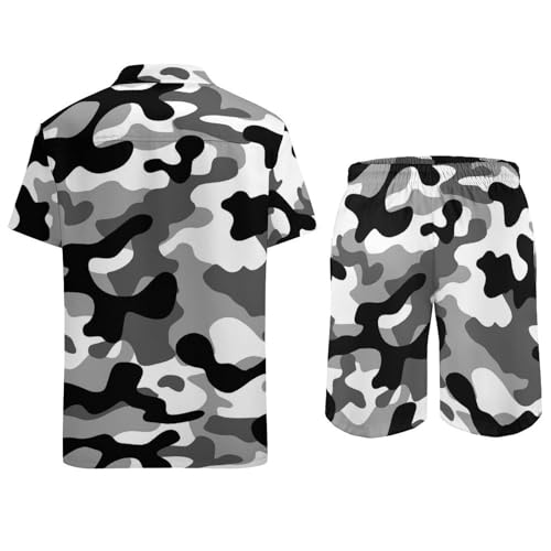 Military Camouflage Black And White Hunting Men's Tropical Casual Short Sleeve Two Piece Suit3