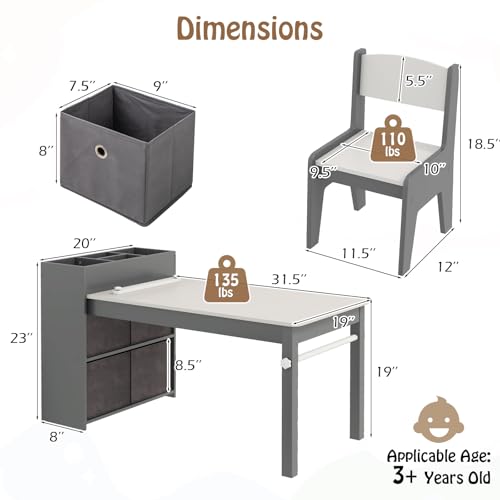 Image of Costzon Kids Table and Chairs, 3-in-1 Wooden Art Drawing Desk Set (Gray) | Toddler Table w / 4 Fabric Bins, Multiple Open Storage Compartments & a Paper Roll for Painting, Writing, Reading, Craft
