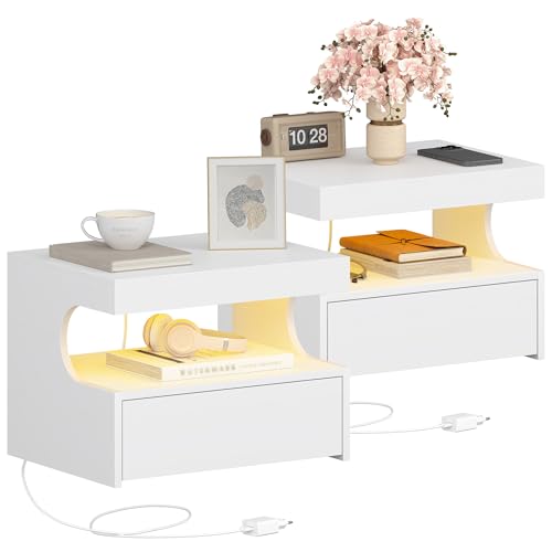 Hzuaneri Mesita de Noche Flotante Set de 2, con Luces LED, Repisa Colgante y 1 Cajón con Guías, Diseño en Forma de U, Moderna, para Dormitorio y Salón, 30 x 40 x 29,2 cm, Blanco NS50403XEU