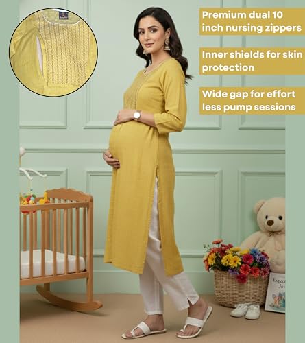 Image of DUMMY SHAPE Pregnancy Dresses for Women Cotton | Floral Maternity Kurta Pant Dupatta Set with Dual Nursing Zippers | Pre & Post Partum | Feeding Kurtis | Baby Shower | Gifts for Pregnant Woman