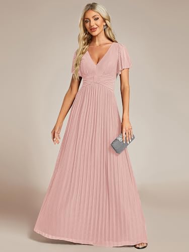 Image of Ever-Pretty Women's V-Neck Glitter Formal Dresses Pleated Short Sleeves Floor Length A-Line Mother of Bride Dress 11961